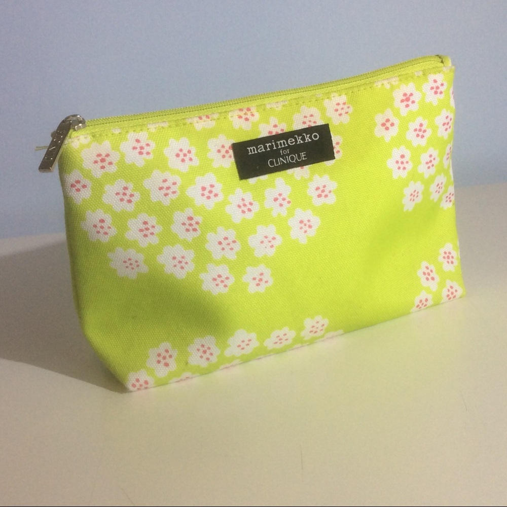 Marimekko Clinique Lime Green Floral Cosmetic Case Travel Zip Storage Bag Clutch